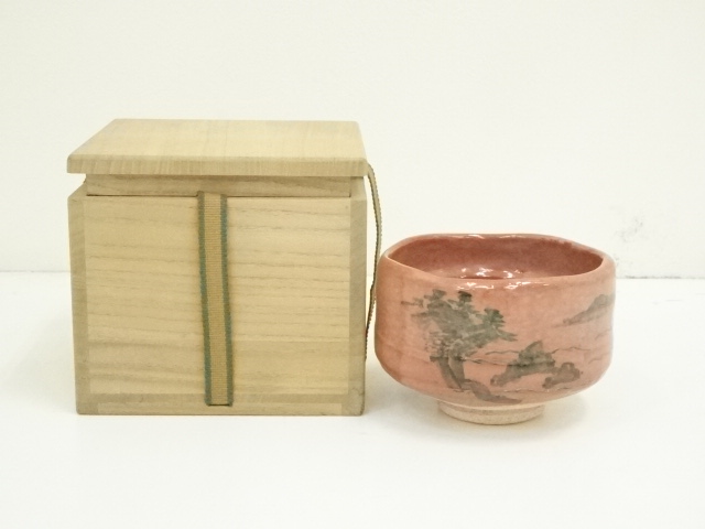 京焼　桂窯造　赤楽松之図茶碗（保護箱）